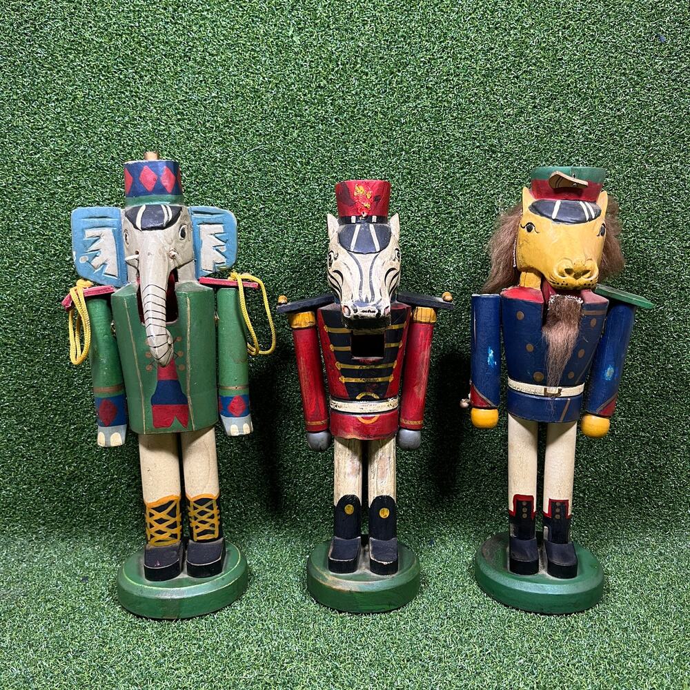 Vintage Wood Animal Nutcracker Set 3 Elephant Zebra Horse Soldier Folk Art